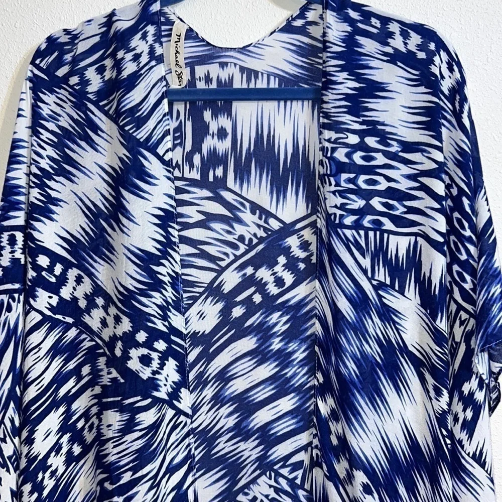 Michael Stars Womens Blue White Ruana Tribal Swimsuit Kimono Size O/S